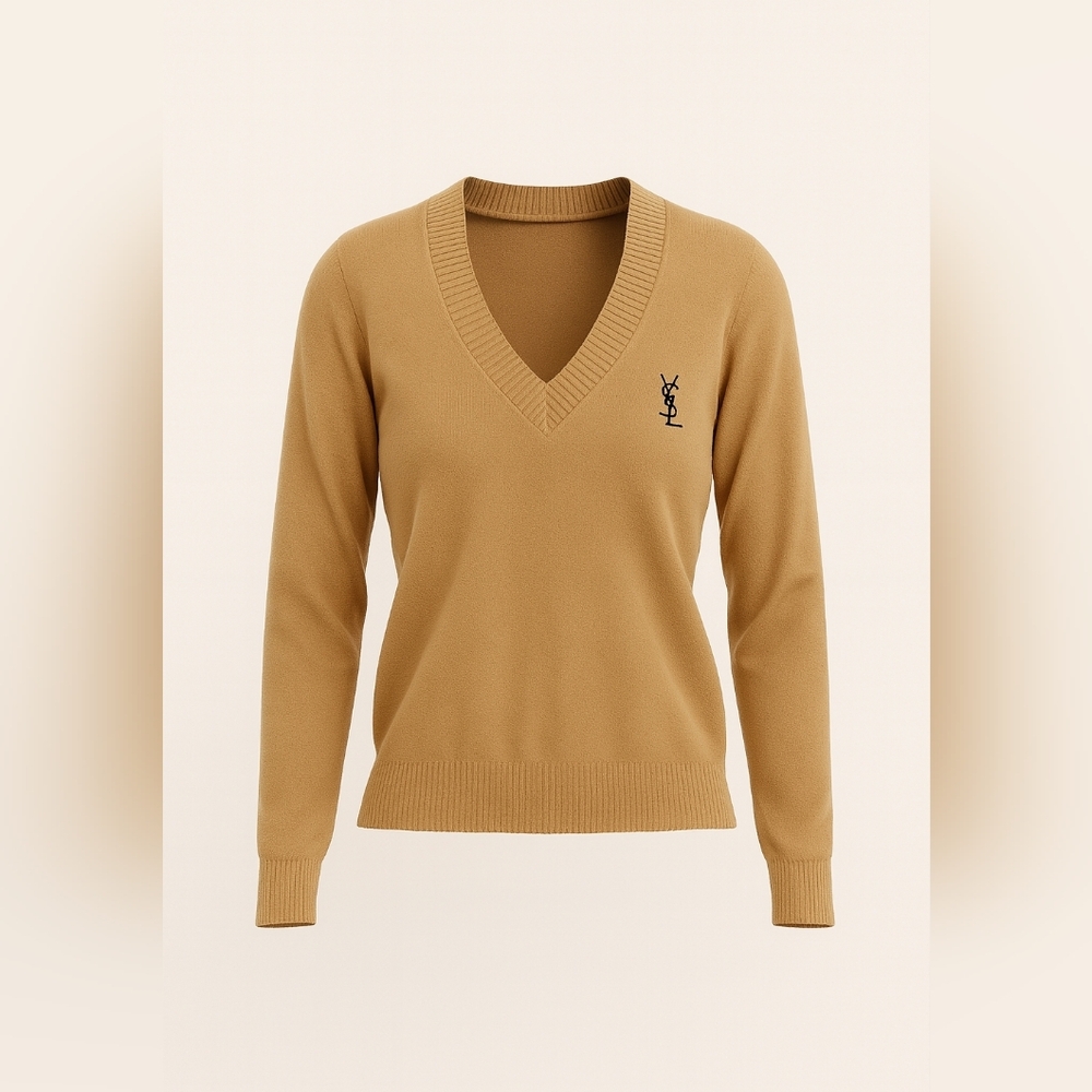 Sweater Tan Camel V-Neck Unisex Size S M